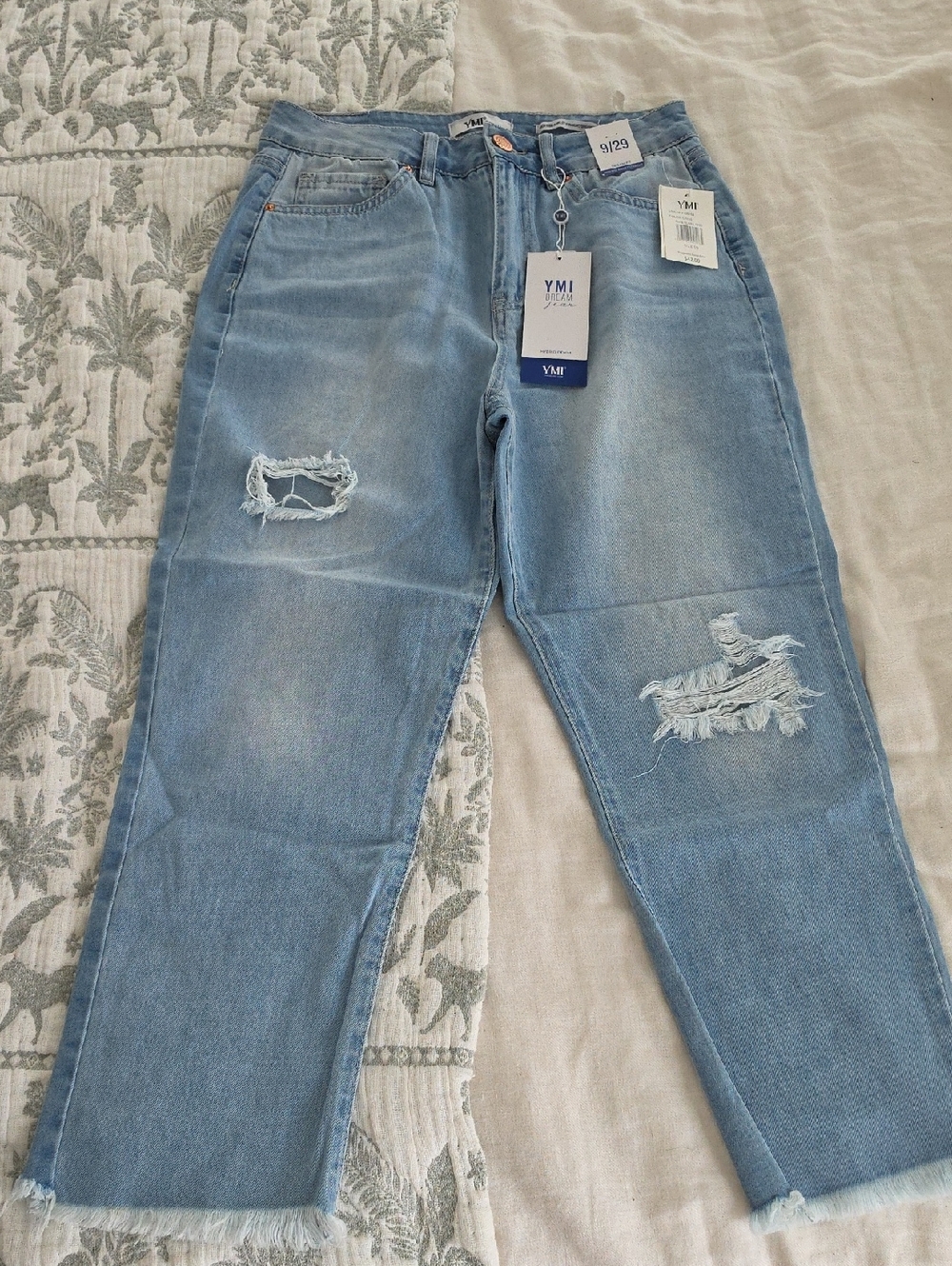 YMI Light Blue Distressed High Rise Anklet Straight Jeans 100%cotton